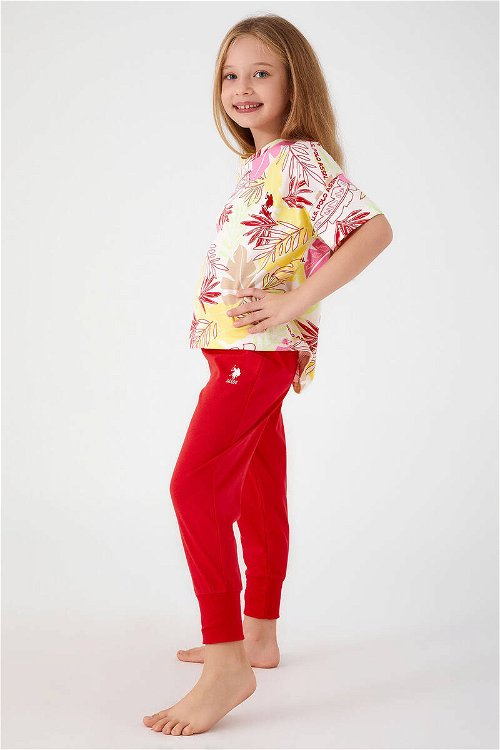 U.S. Polo Assn With Leaf Patterns Beyaz Kız Çocuk Kısa Kol Pijama Takım
