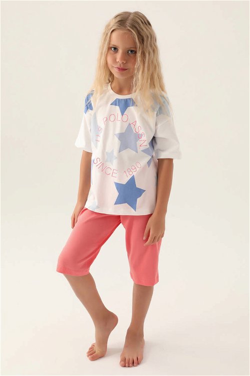 U.S. Polo Assn Lisanslı Star Printed Krem Kız Çocuk Kapri Takım
