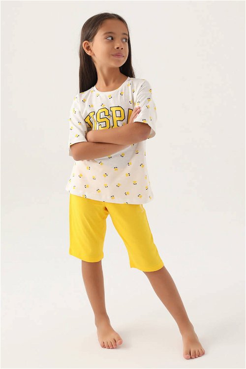 U.S. Polo Assn Lisanslı Heart Pattern Sarı Kız Çocuk Kapri Takım