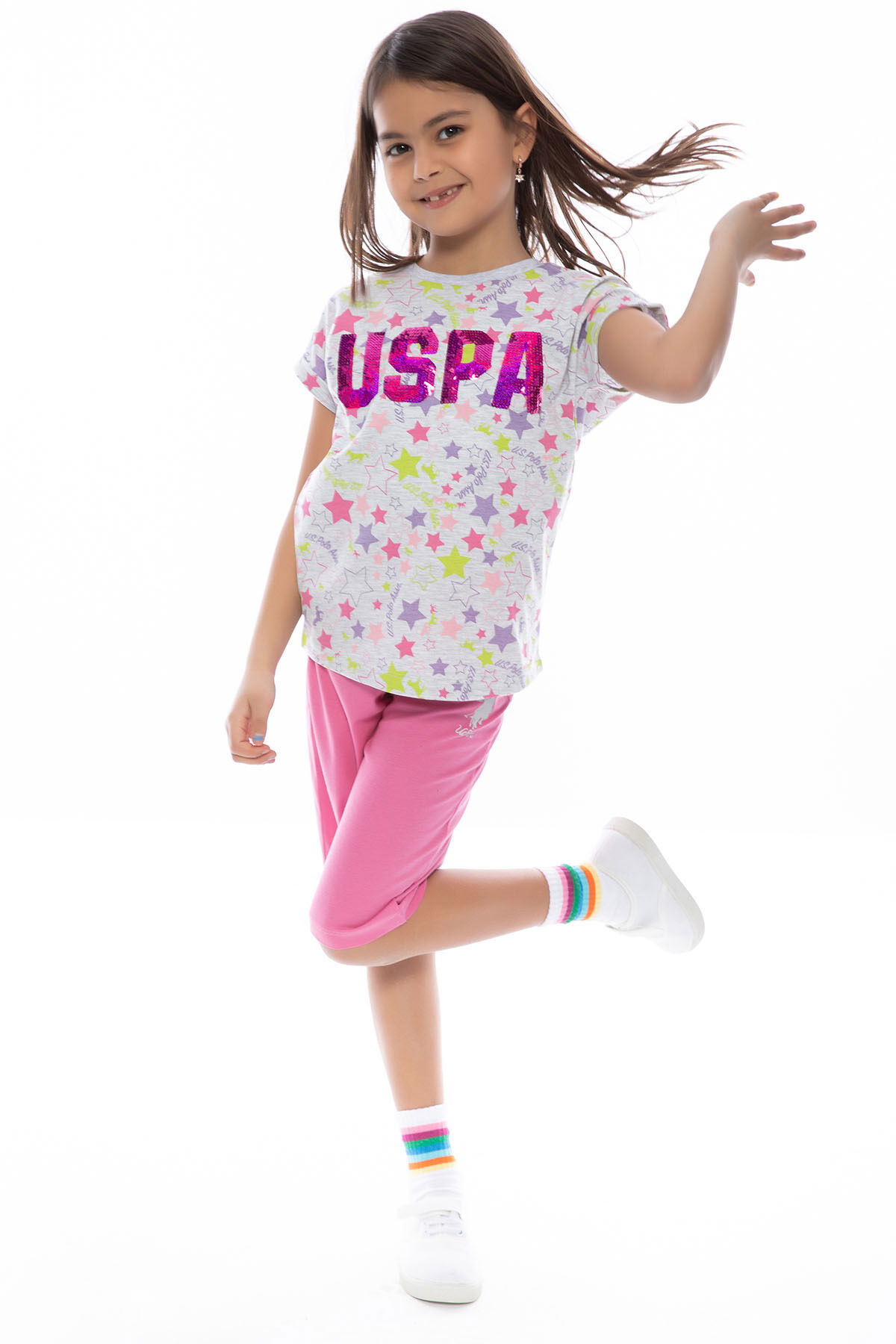 U.S. Polo Assn - U.S. Polo Assn Kids Kız Çocuk Gri Kapri Takımı