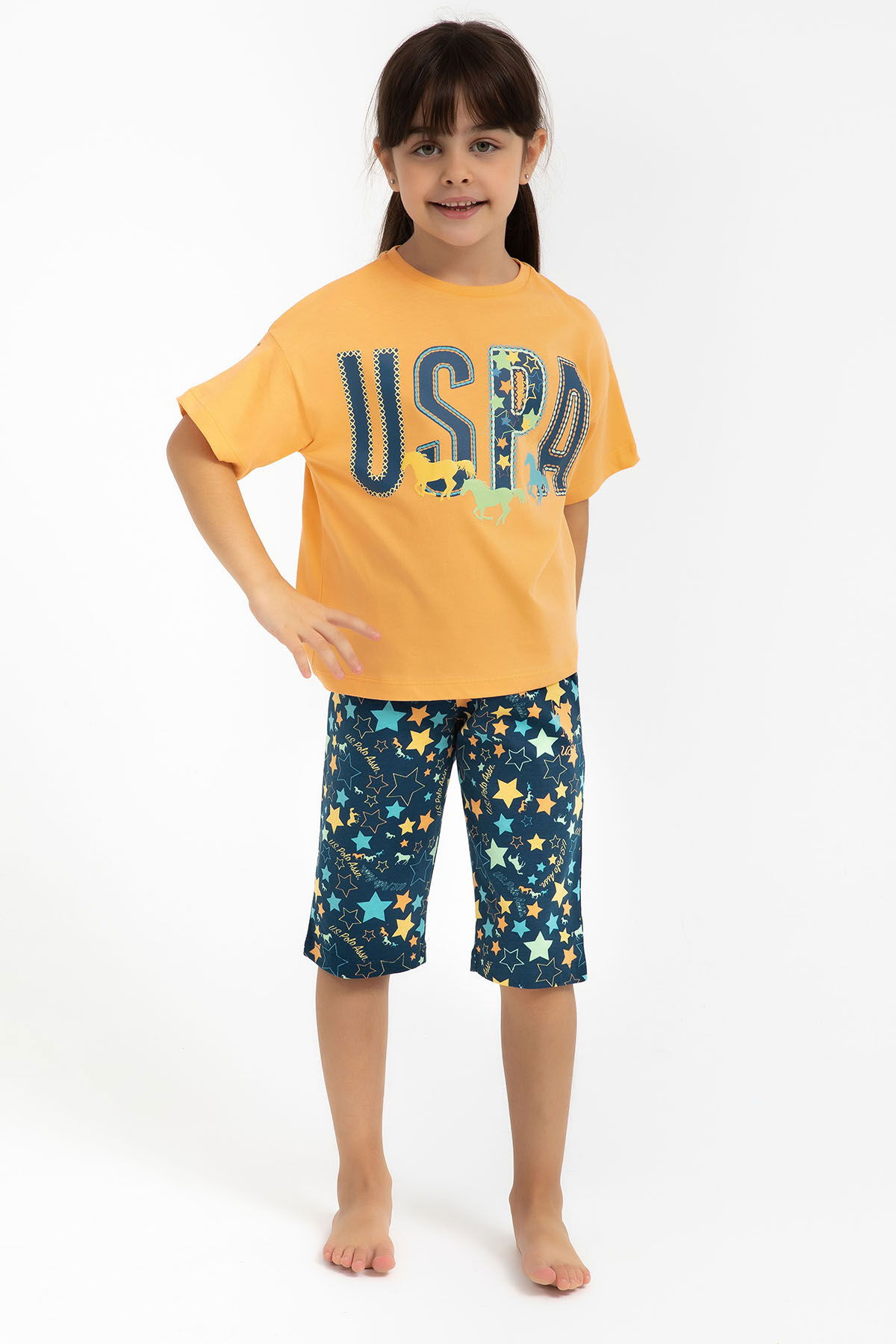 U.S. Polo Assn - U.S. Polo Assn Kız Çocuk Turuncu Kapri Takımı