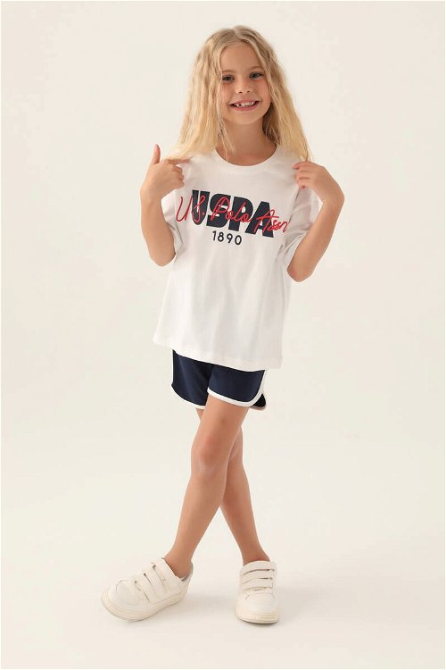 U.S. Polo Assn Lisanslı Oversized Krem Kız Çocuk Şort Takım