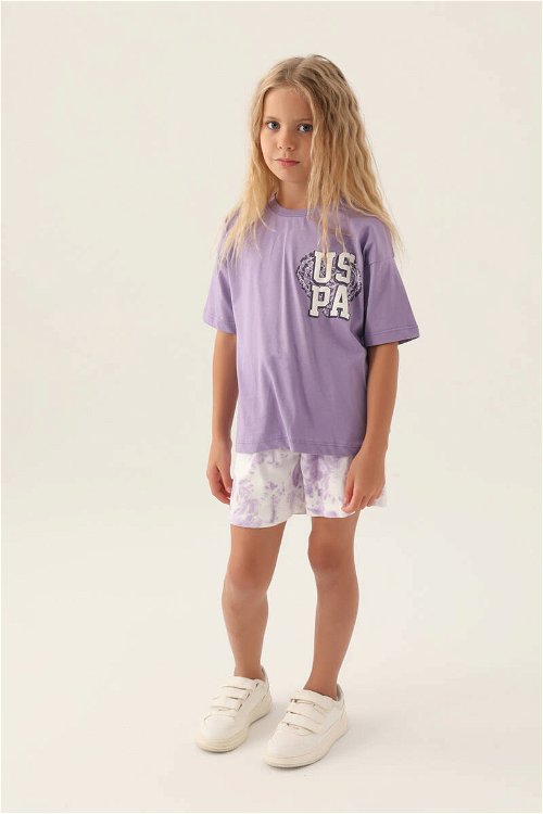 U.S. Polo Assn Lisanslı Heart Printed Mor Kız Çocuk Şort Takım