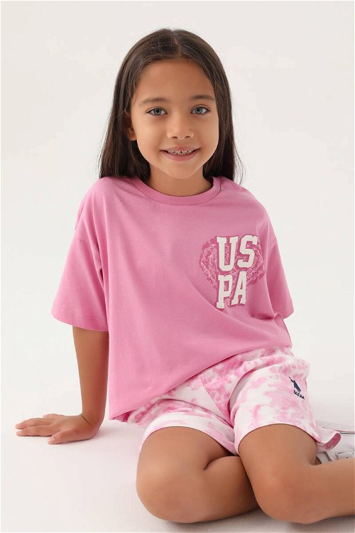 U.S. Polo Assn Lisanslı Heart Printed Pembe Kız Çocuk Şort Takım