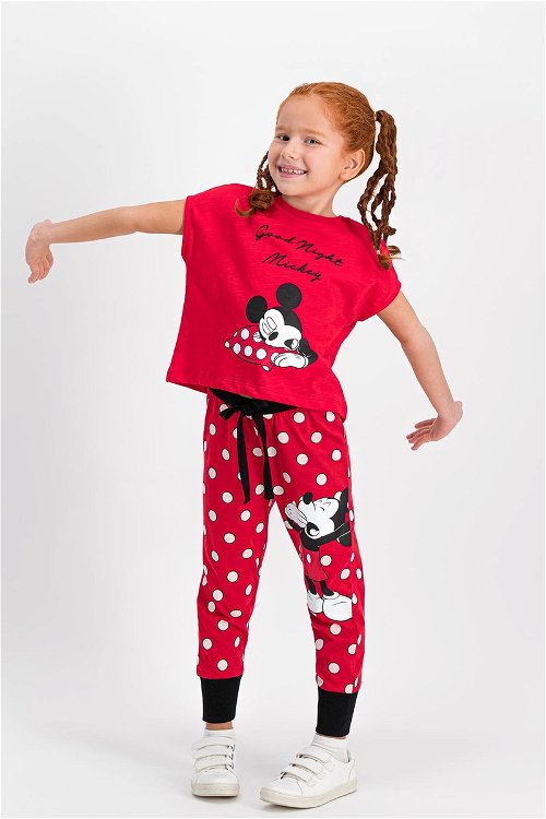 Mickey Mouse Lisanslı Kırmızı Kısa Kollu Kız Çocuk Pijama Takımı