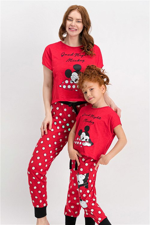 Mickey Mouse Lisanslı Kırmızı Kısa Kollu Kız Çocuk Pijama Takımı
