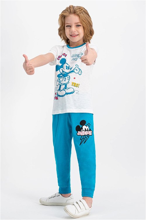 Mickey Mouse Lisanslı Krem Kısa Kollu Erkek Çocuk Pijama Takımı