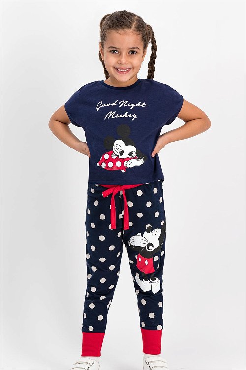 Mickey Mouse Lisanslı Lacivert Kısa Kollu Kız Çocuk Pijama Takımı
