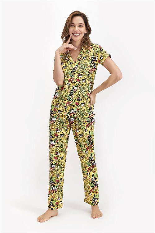 Mickey&Friends Lisanslı Funny World Sarı Kadın Gömlek Pijama Takımı