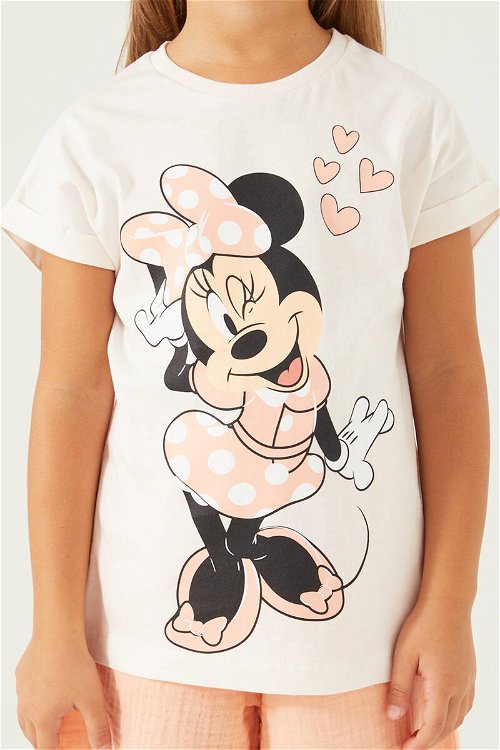 Minnie Mouse Pink Hearts Beyaz Kız Çocuk Şort Takım