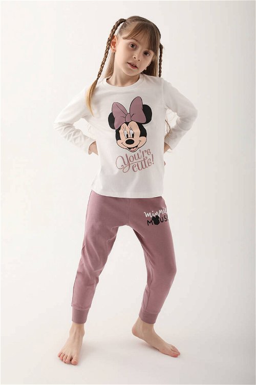 Minnie Mouse Krem Kız Çocuk Uzun Kol Pijama Takım