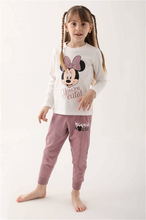 Minnie Mouse Krem Kız Çocuk Uzun Kol Pijama Takım