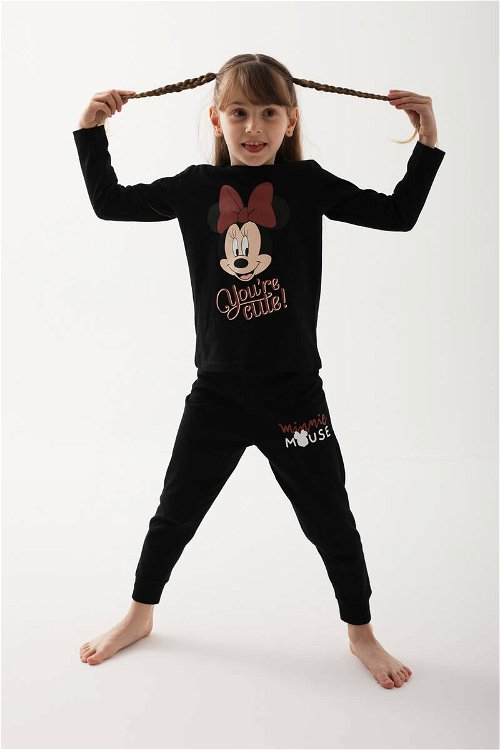 Minnie Mouse Siyah Kız Çocuk Uzun Kol Pijama Takım