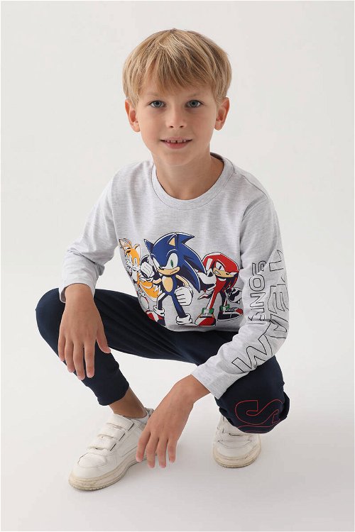 Modern Sonic Gri Melanj Baskılı Erkek Çocuk Pijama Takımı