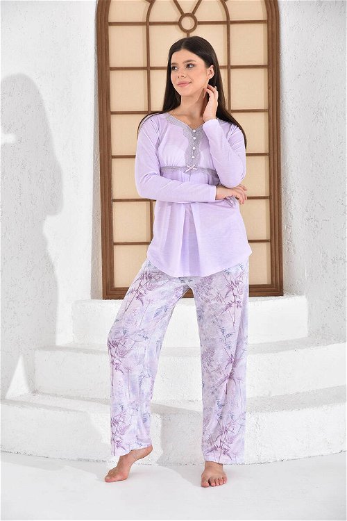 Pierre Cardin Çiçekli Açık Lila Kadın Geniş Paça Lohusa Pijama Takımı