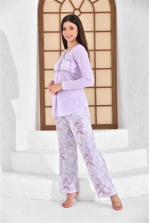 Pierre Cardin Çiçekli Açık Lila Kadın Geniş Paça Lohusa Pijama Takımı