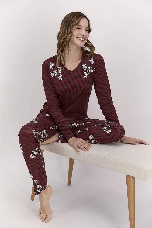 Pierre Cardin Çiçekli Bordo Kadın Pijama Takımı