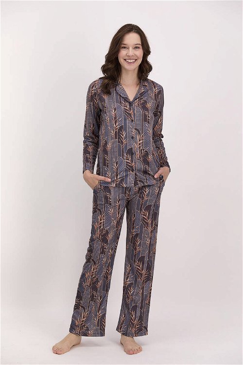 Pierre Cardin Etnik Desenli Siyah Kadın Gömlek Pijama Takımı