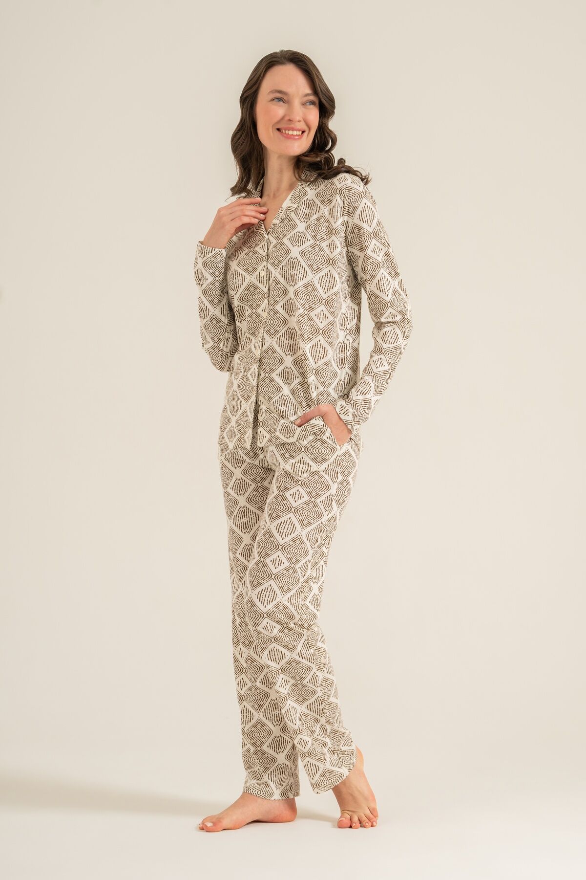 PİERRE CARDİN - Pierre Cardin Kadın Desenli Krem Gömlek Pijama Takımı PC9276-S-V1