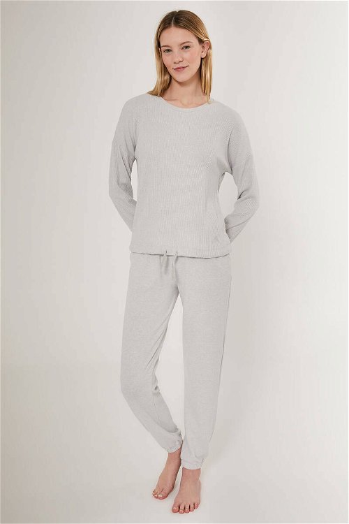 Pierre Cardin Pinstripe Gri Kadın Uzun Kol Pijama Takım
