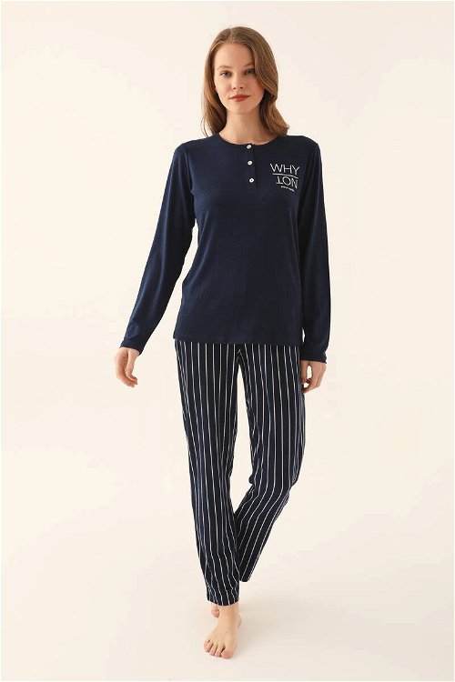 Pierre Cardin Lacivert Kadın Uzun Kol Pijama Takım