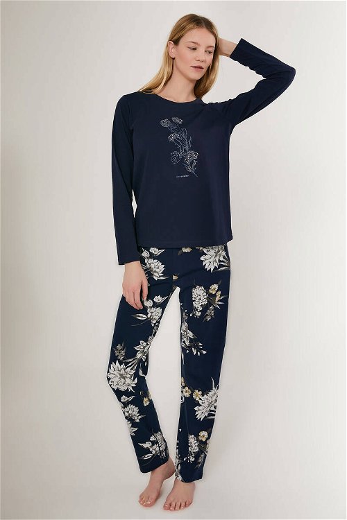 Pierre Cardin Rose Pattern Lacivert Kadın Uzun Kol Pijama Takım