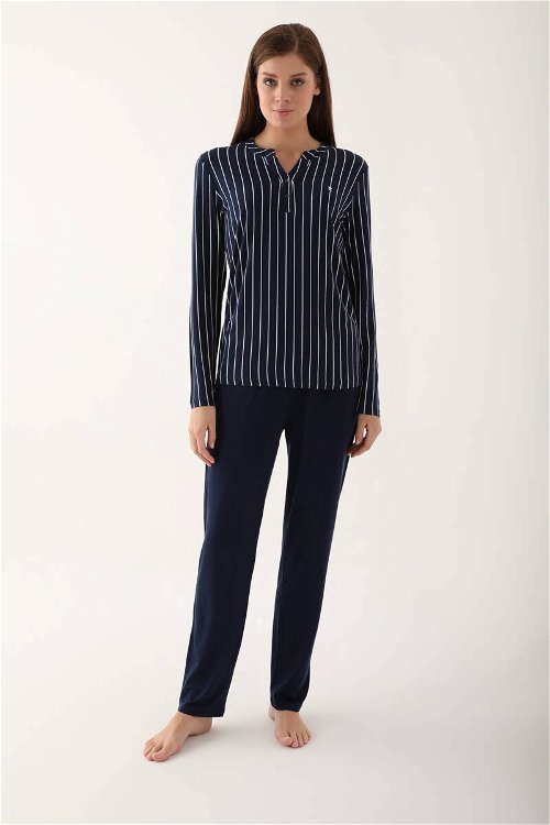 Pierre Cardin White Lines Lacivert Kadın Uzun Kol Pijama Takım