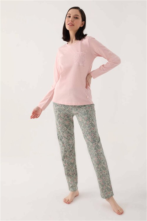 Pierre Cardin Flower Embroided Pembe Kadın Uzun Kol Pijama Takım