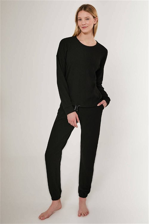 Pierre Cardin Pinstripe Siyah Kadın Uzun Kol Pijama Takım