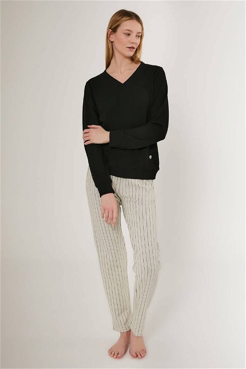 Pierre Cardin Striped Suit Siyah Kadın Uzun Kol Pijama Takım