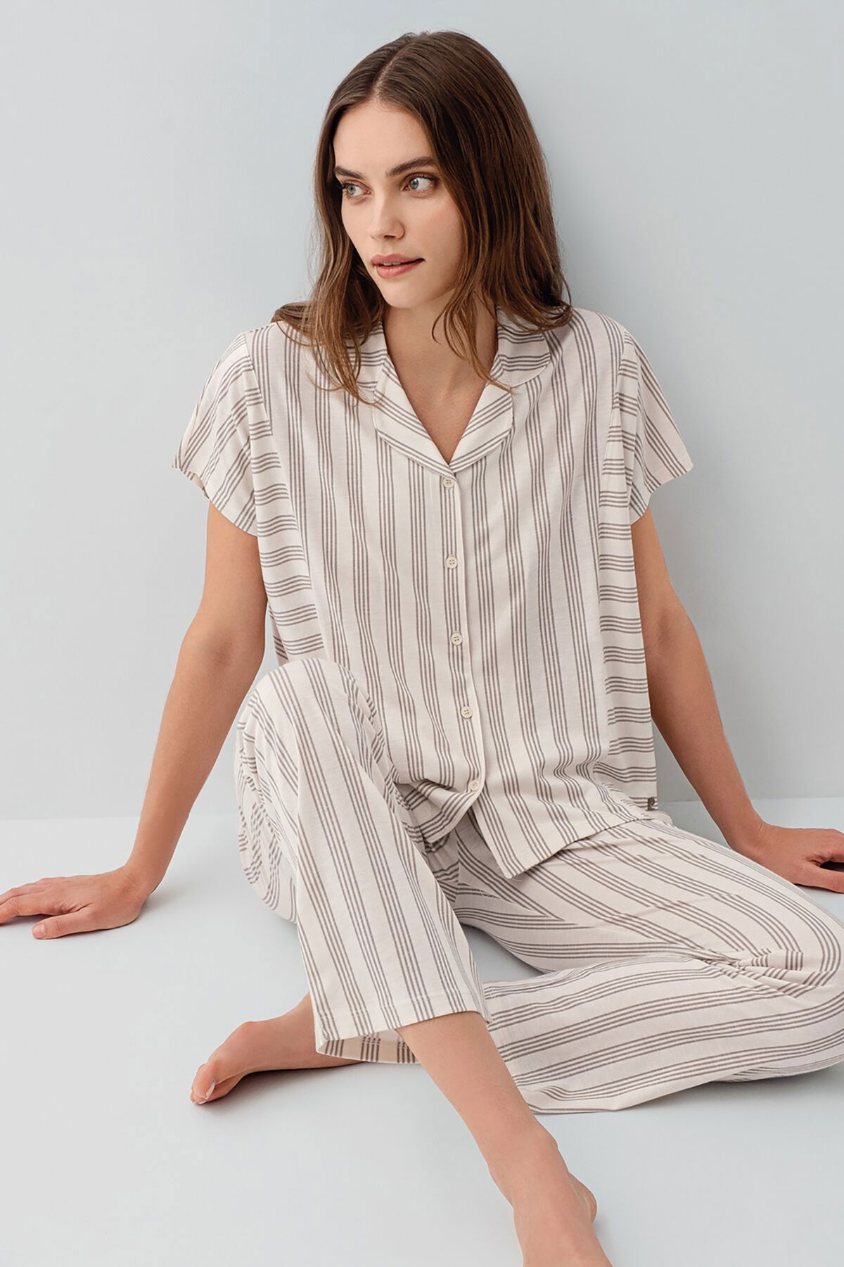 Pierre Cardin - Pierre Cardin Kadın Krem Gömlek Pijama Takım