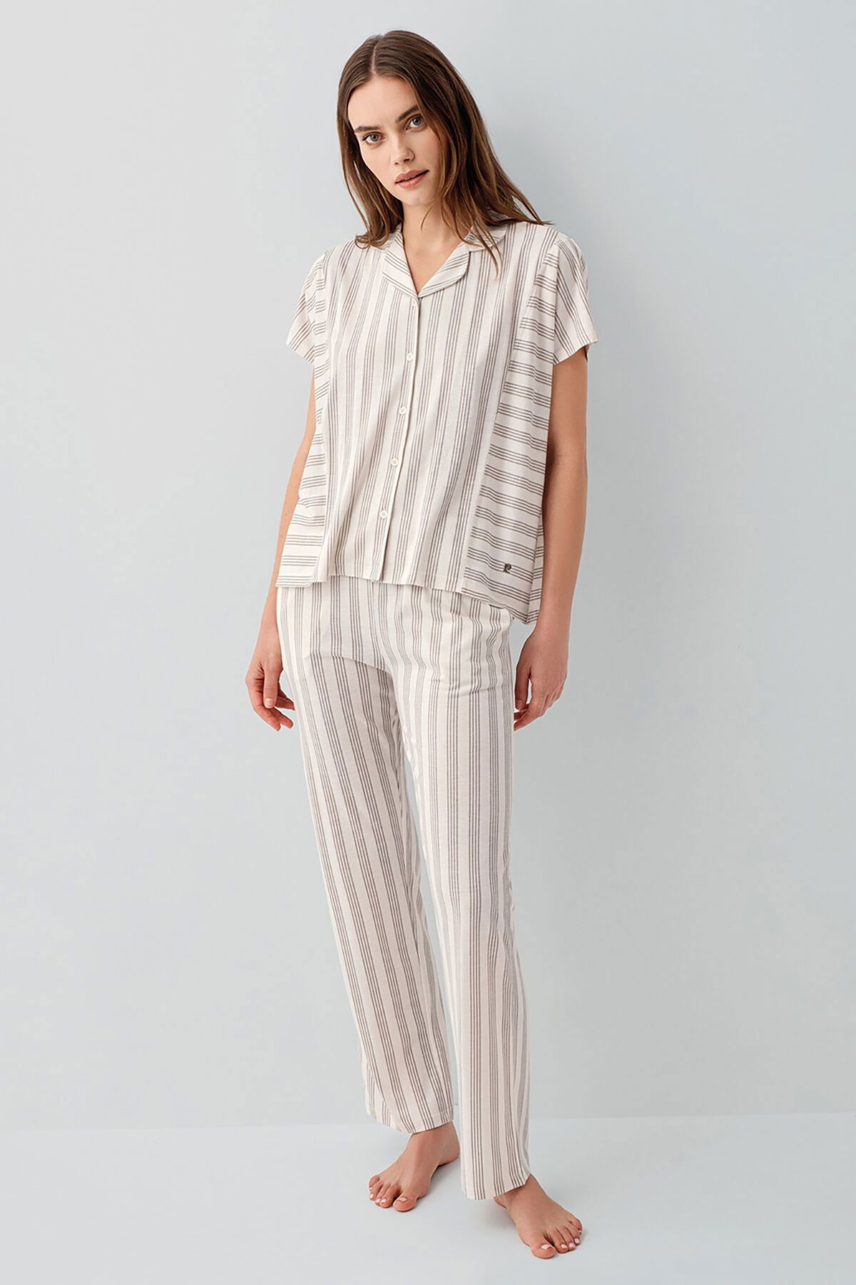 Pierre Cardin - Pierre Cardin Kadın Krem Gömlek Pijama Takım (1)