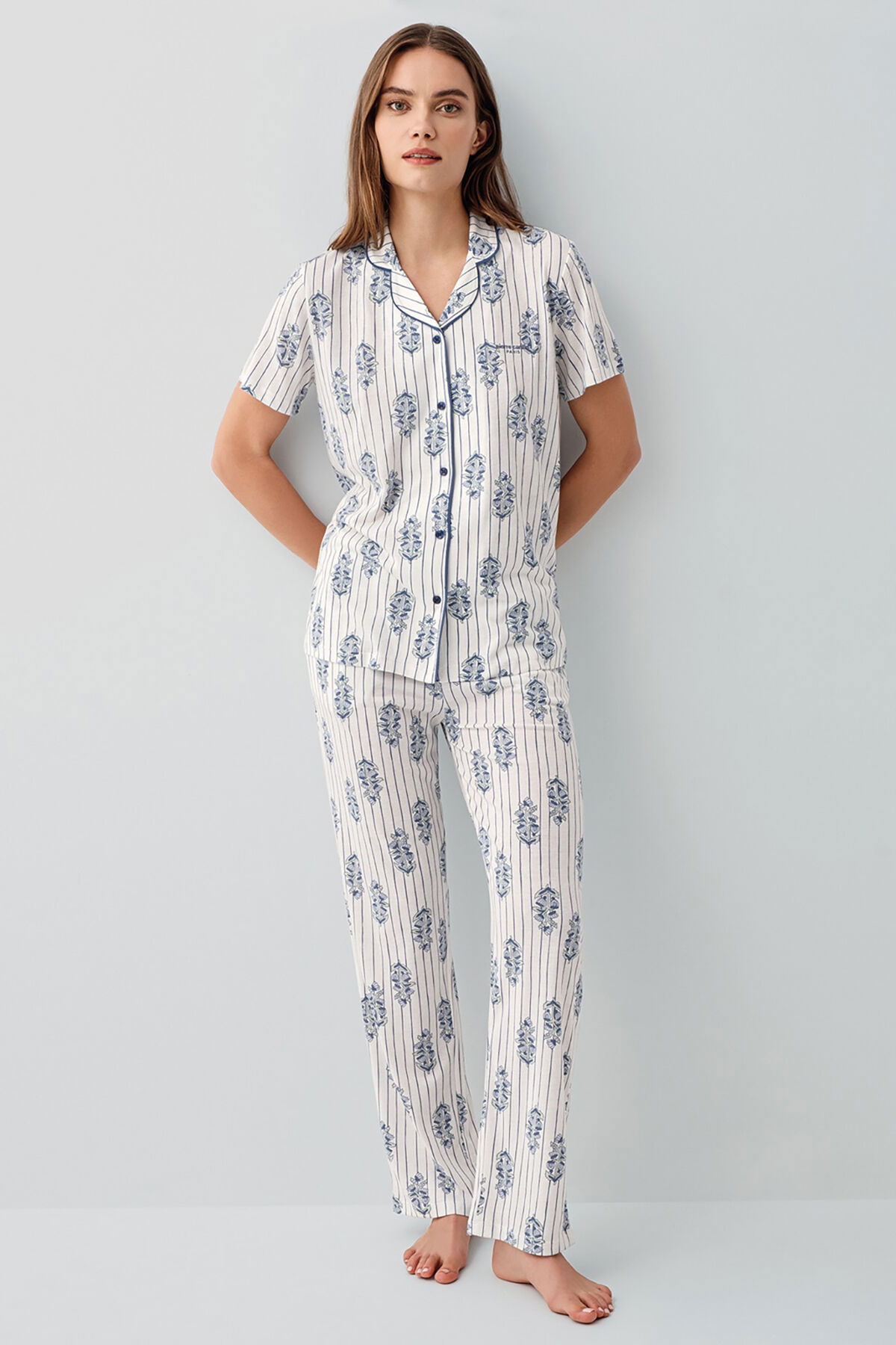 Pierre Cardin - Pierre Cardin Kadın Beyaz Gömlek Pijama Takım (1)