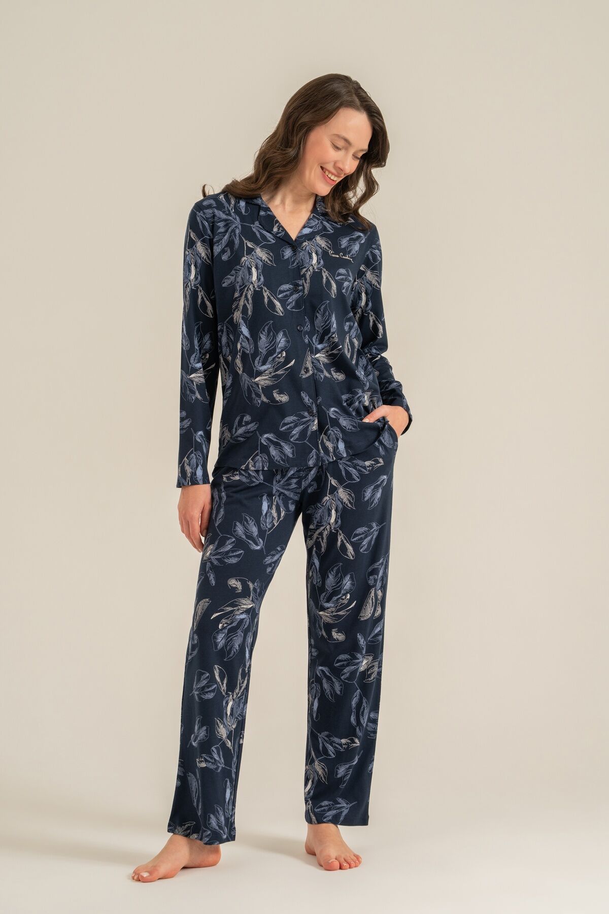 PİERRE CARDİN - Pierre Cardin Kadın Leaves Lacivert Gömlek Pijama Takımı PC9259-S-V1 (1)