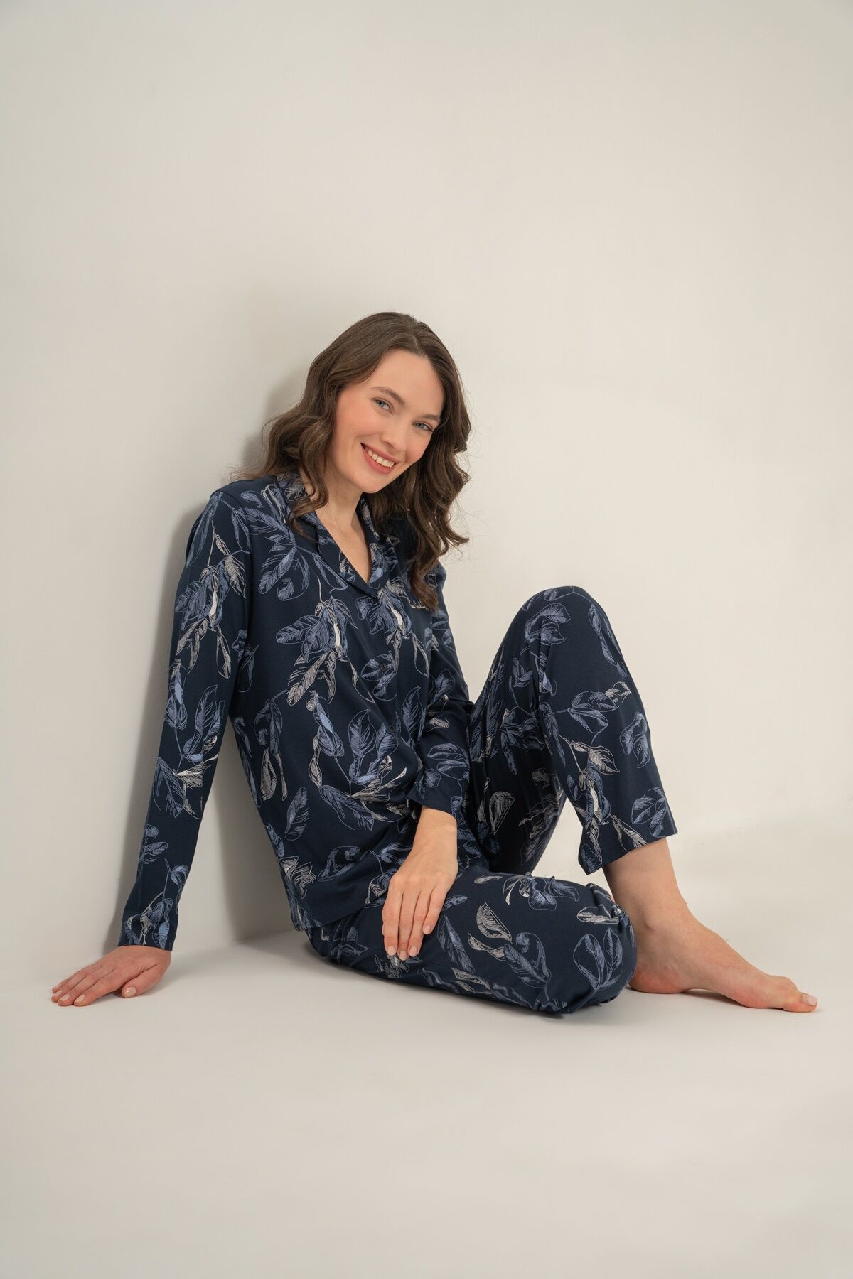 PİERRE CARDİN - Pierre Cardin Kadın Leaves Lacivert Gömlek Pijama Takımı PC9259-S-V1