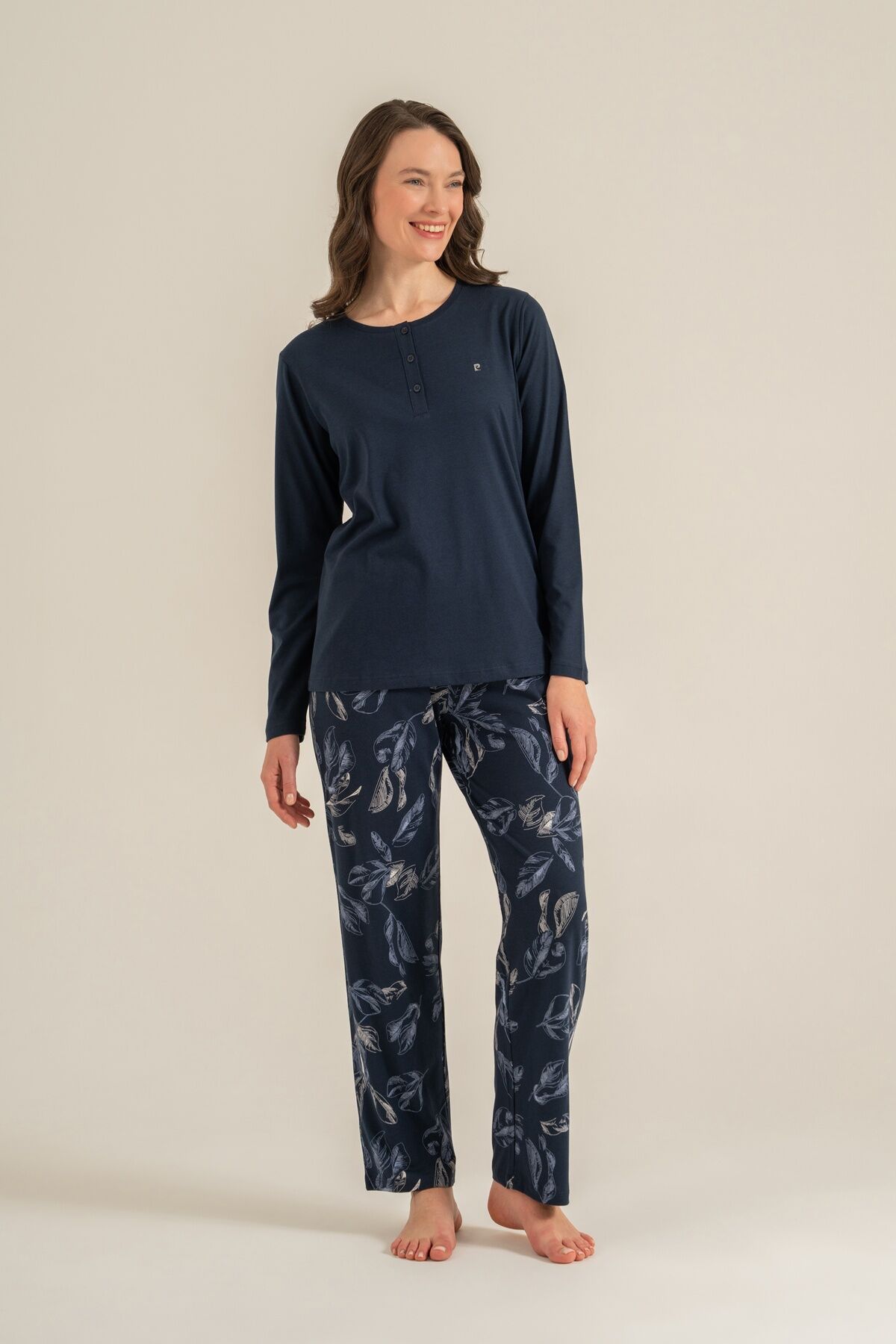 PİERRE CARDİN - Pierre Cardin Kadın Leaves Lacivert Uzun Kol Pijama Takım PC9258-S-V1 (1)