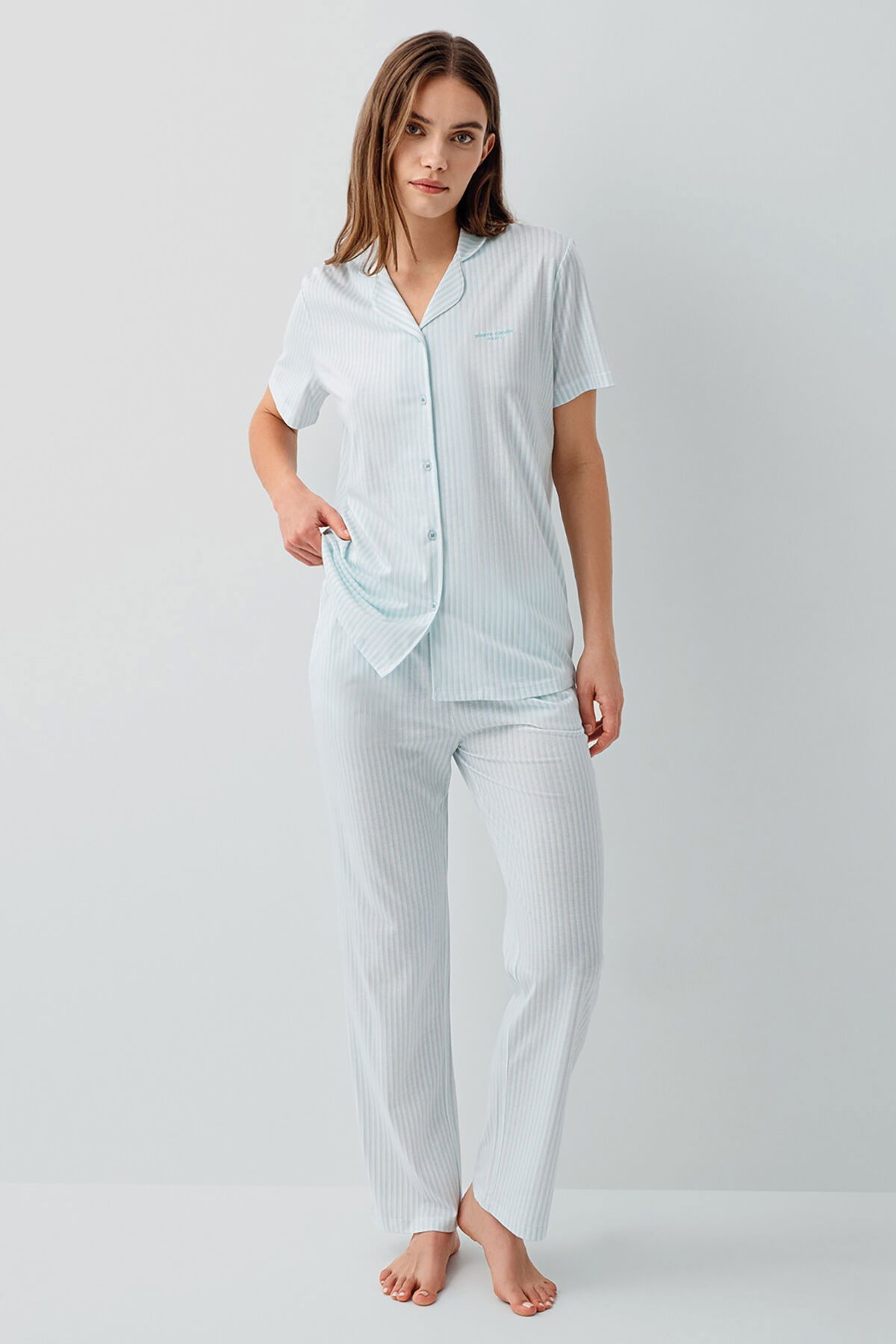 Pierre Cardin - Pierre Cardin Kadın Mavi Gömlek Pijama Takım (1)