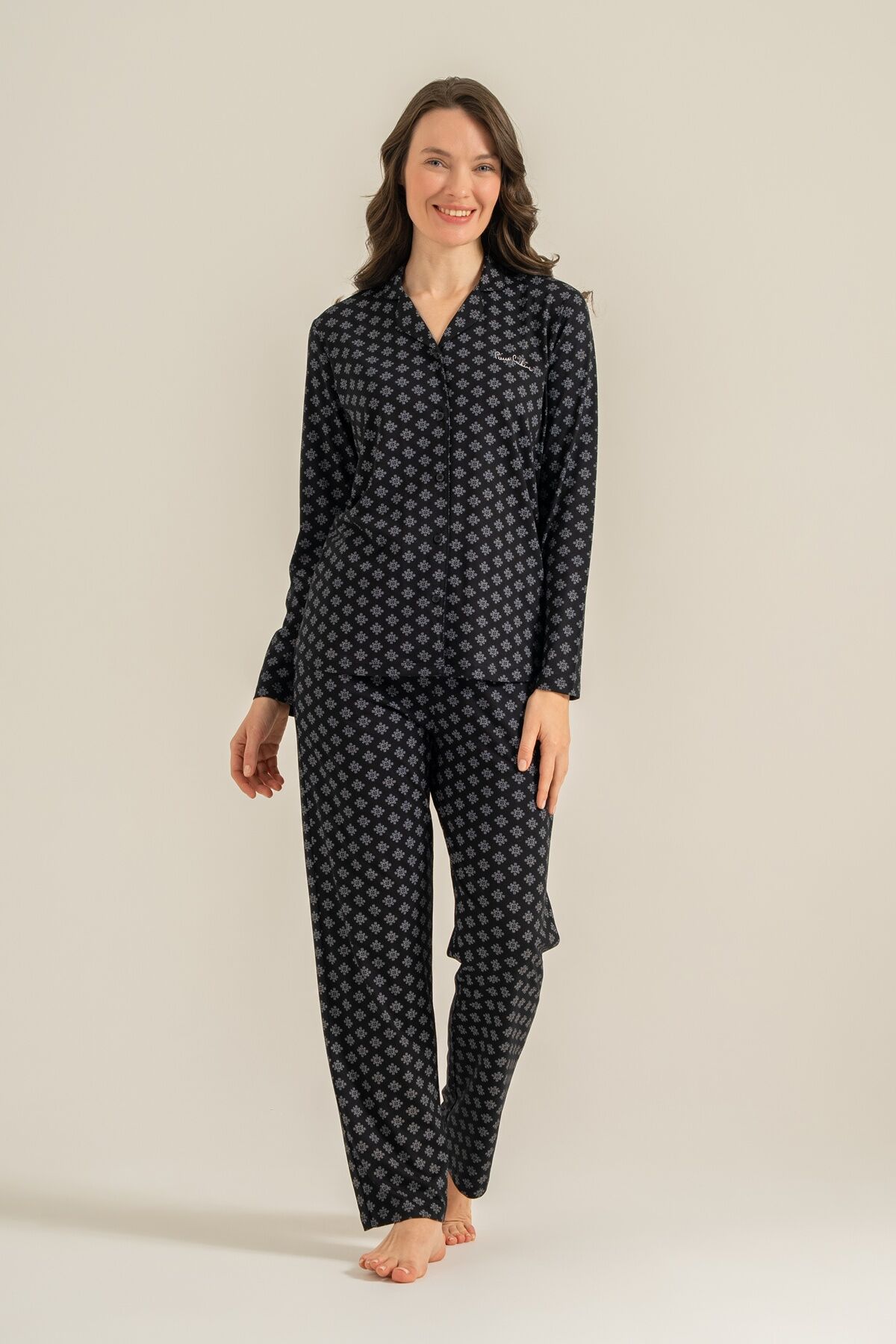 PİERRE CARDİN - Pierre Cardin Kadın Siyah Nakışlı Gömlek Pijama Takımı PC9290-S-V1