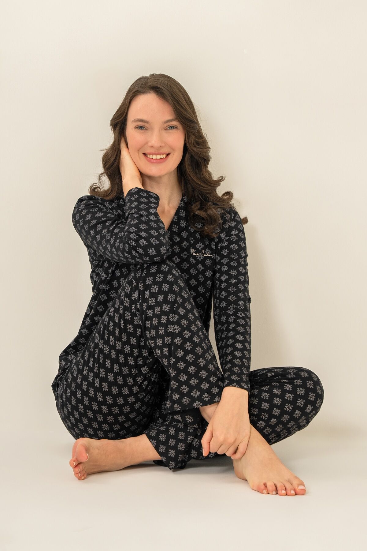 PİERRE CARDİN - Pierre Cardin Kadın Siyah Nakışlı Gömlek Pijama Takımı PC9290-S-V1 (1)