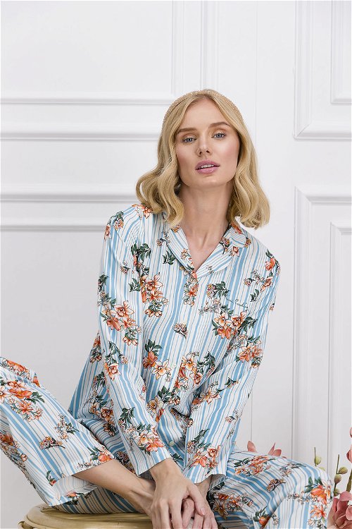 Pierre Cardin Flowers Krem-Mavi Kadın Pijama Takımı