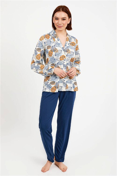Pierre Cardin Mavi Kadın Yakalı Uzun Kol Pijama Takım