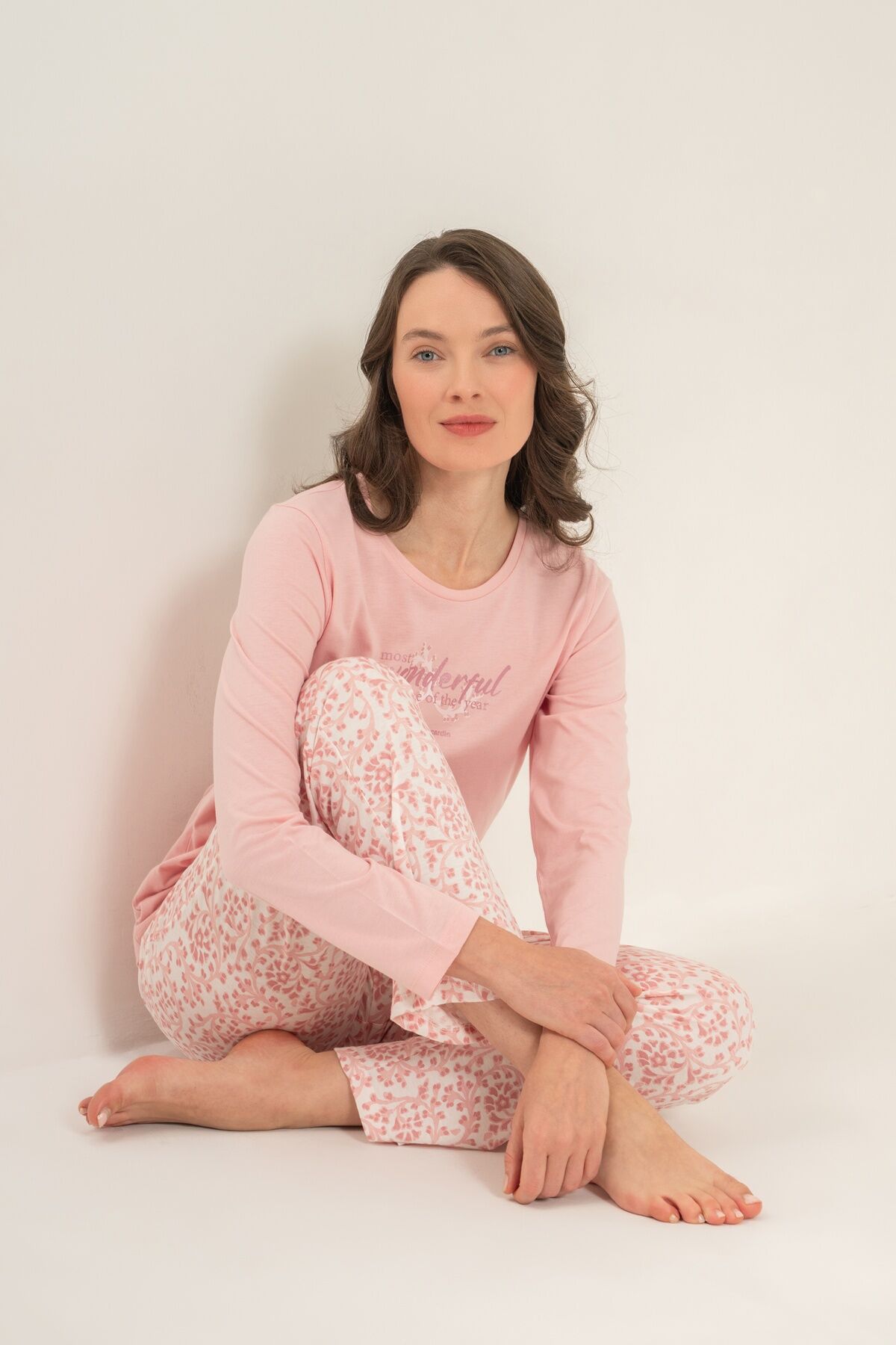PİERRE CARDİN - Pierre Cardin Most Wonderful Time Of The Year Kadın Pembe Uzun Kol Pijama Takım PC9269-S-V2 (1)