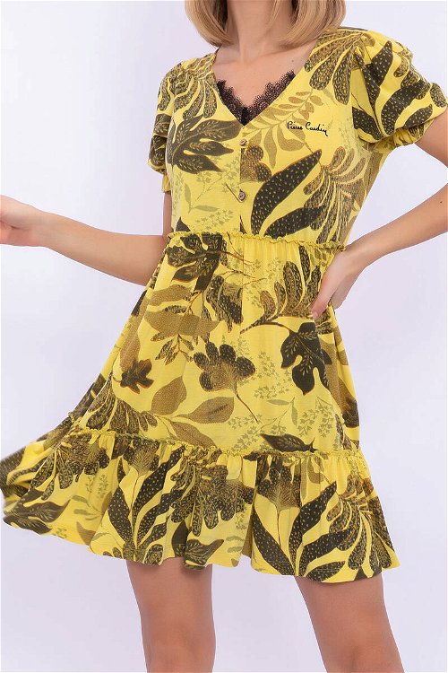 Pierre Cardin Yaprak Desenli Sarı Kadın Elbise