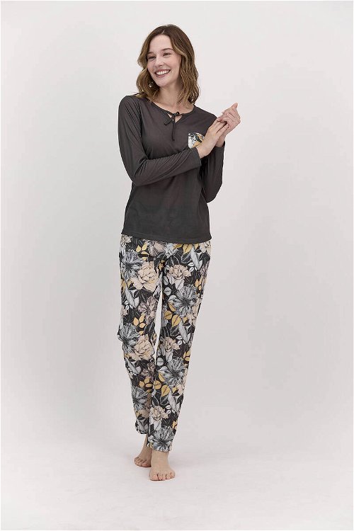 Pierre Cardin Yaprak Desenli Siyah Kadın Cep Detaylı Pijama Takımı
