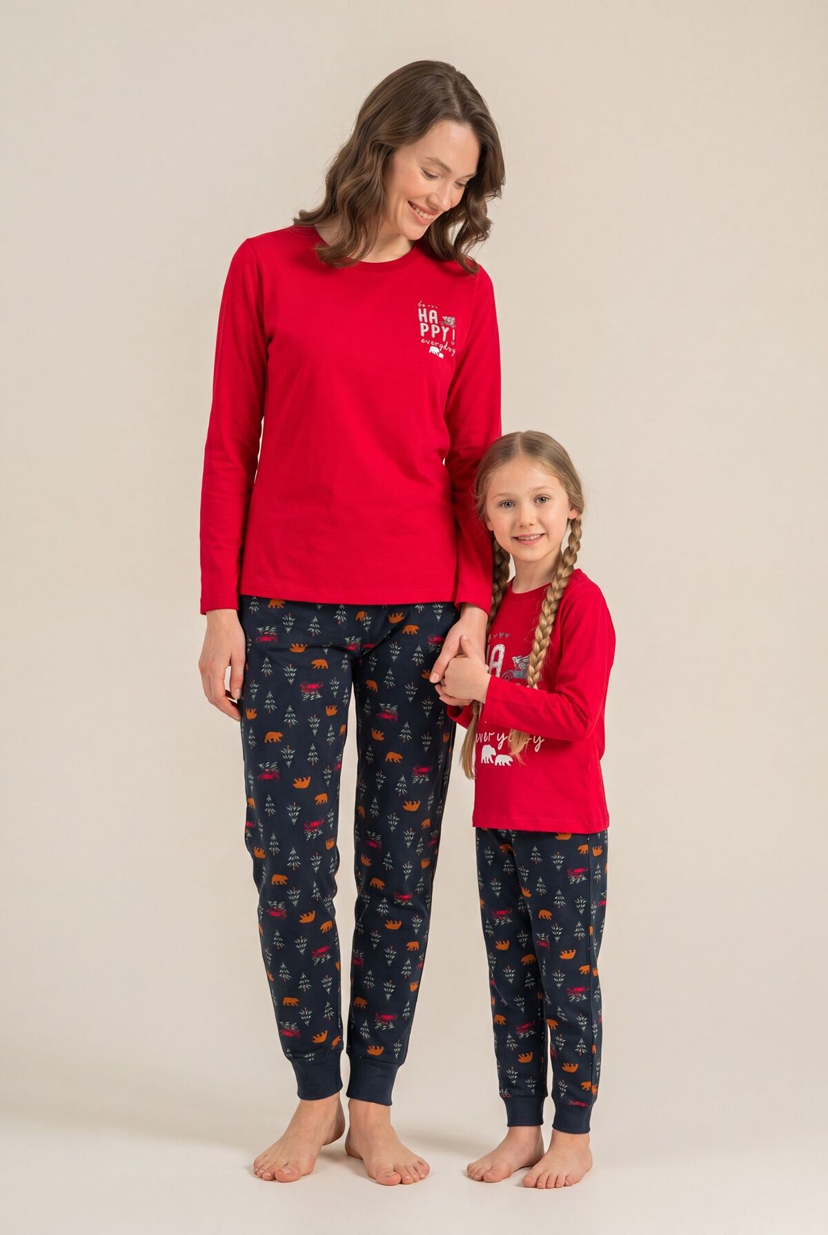 ROLYPOLY - Rolypoly Be Happy Everyday Anne Kız Kırmızı Uzun Kol Pijama Takım RP3932-A-V1
