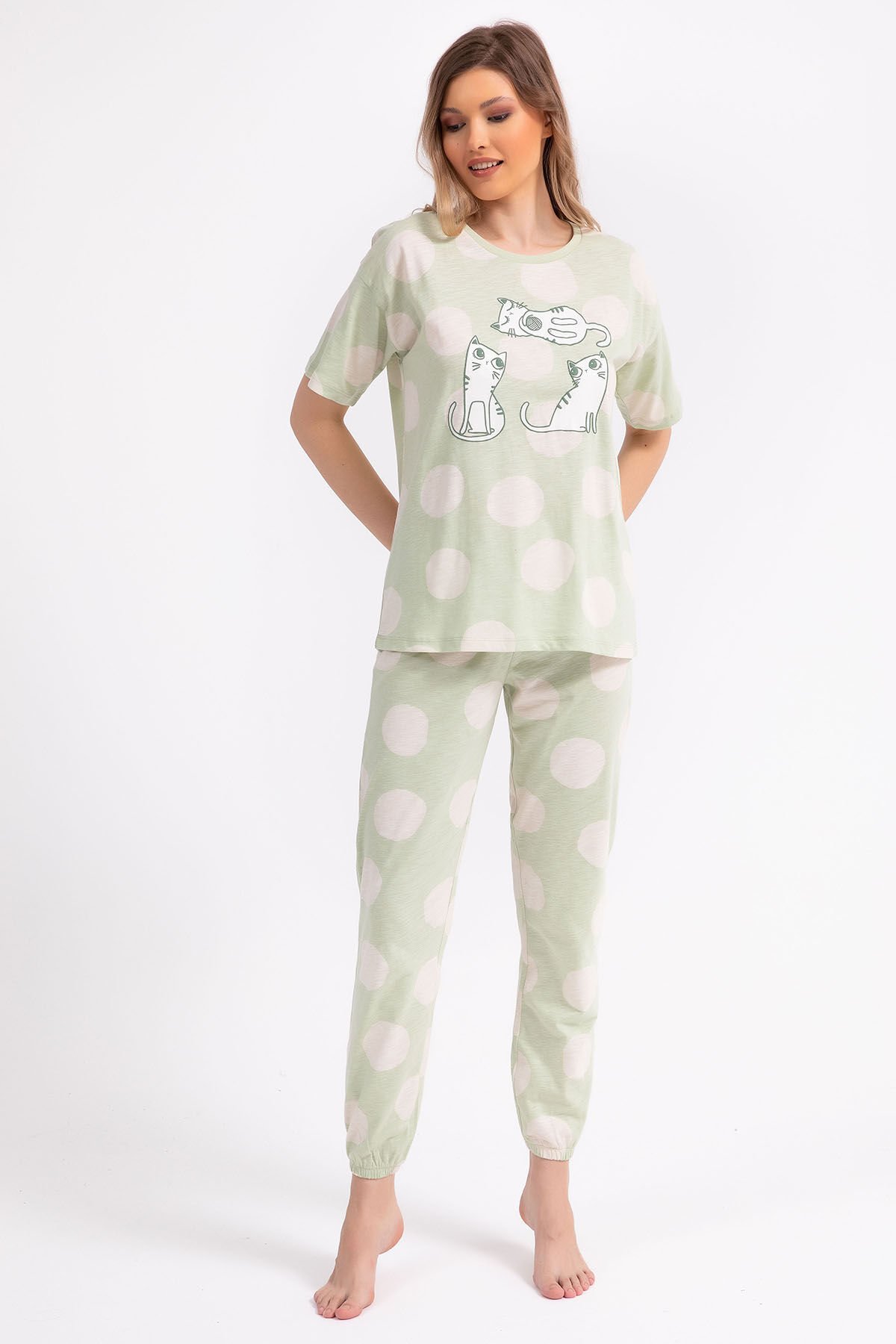 Rolypoly Cats Su Yeşili Kadın Pijama Takımı