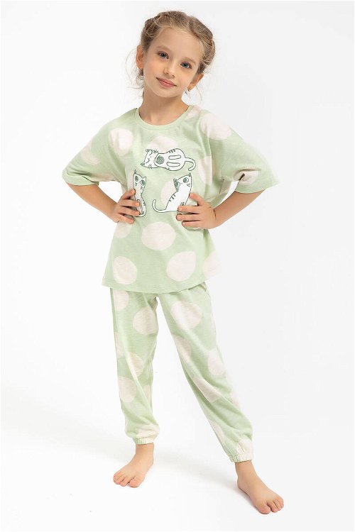 Rolypoly Cats Su Yeşili Kız Çocuk Pijama Takımı