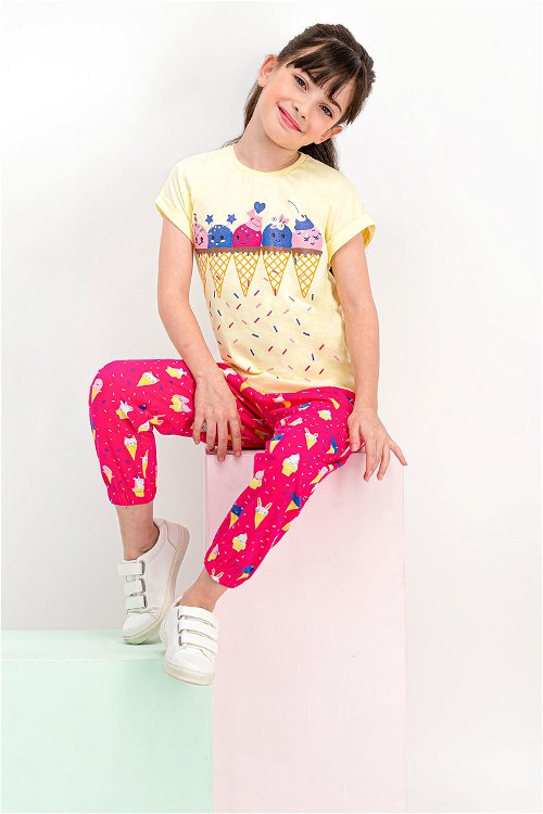 RolyPoly Cute Ice Cream Açık Sarı Kısa Kollu Kız Çocuk Pijama Takımı