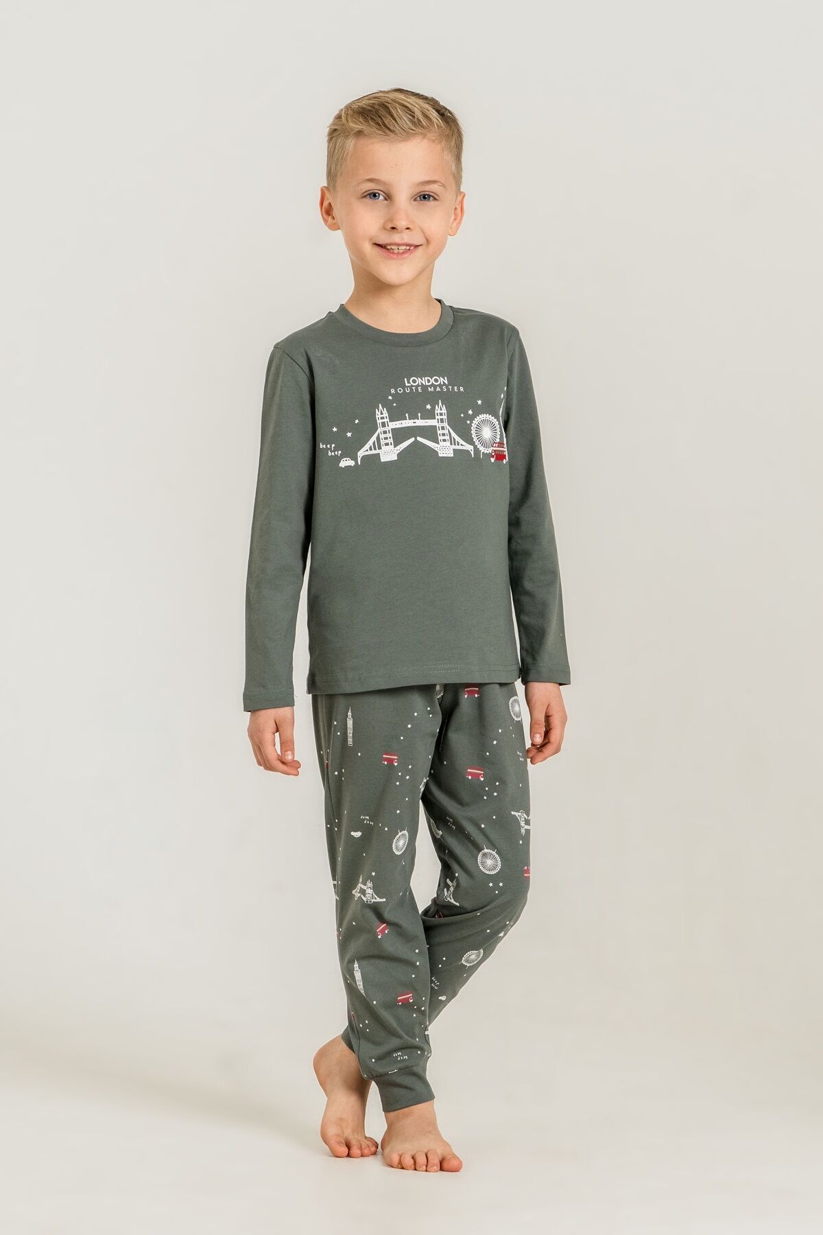 ROLYPOLY - Rolypoly Erkek Çocuk London Route Master Yeşil Uzun Kol Haki Pijama Takım RP3876-C-V2