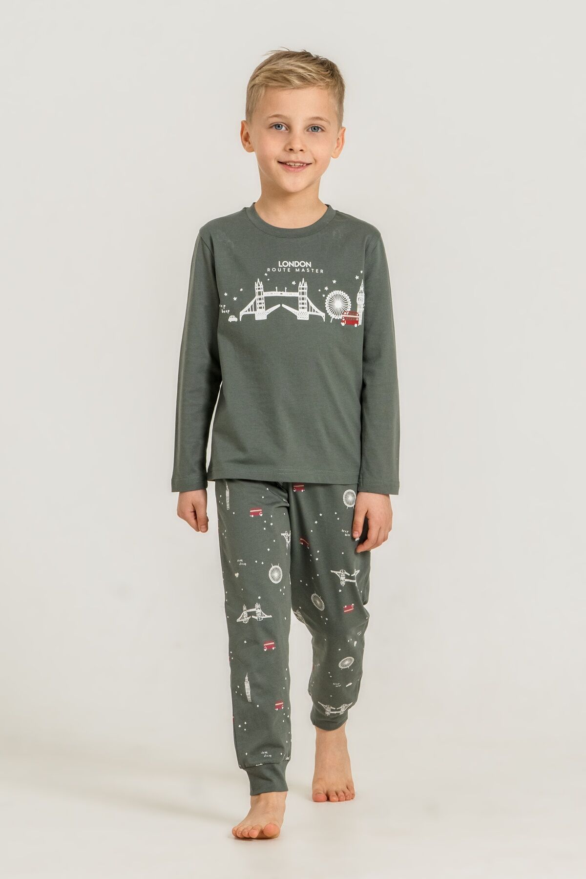 ROLYPOLY - Rolypoly Erkek Çocuk London Route Master Yeşil Uzun Kol Haki Pijama Takım RP3876-C-V2 (1)
